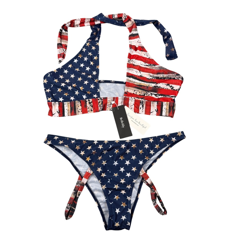 Bellelily Bikini Set Womens XXL American Flag Stars Stripes Patriotic Halter NWT